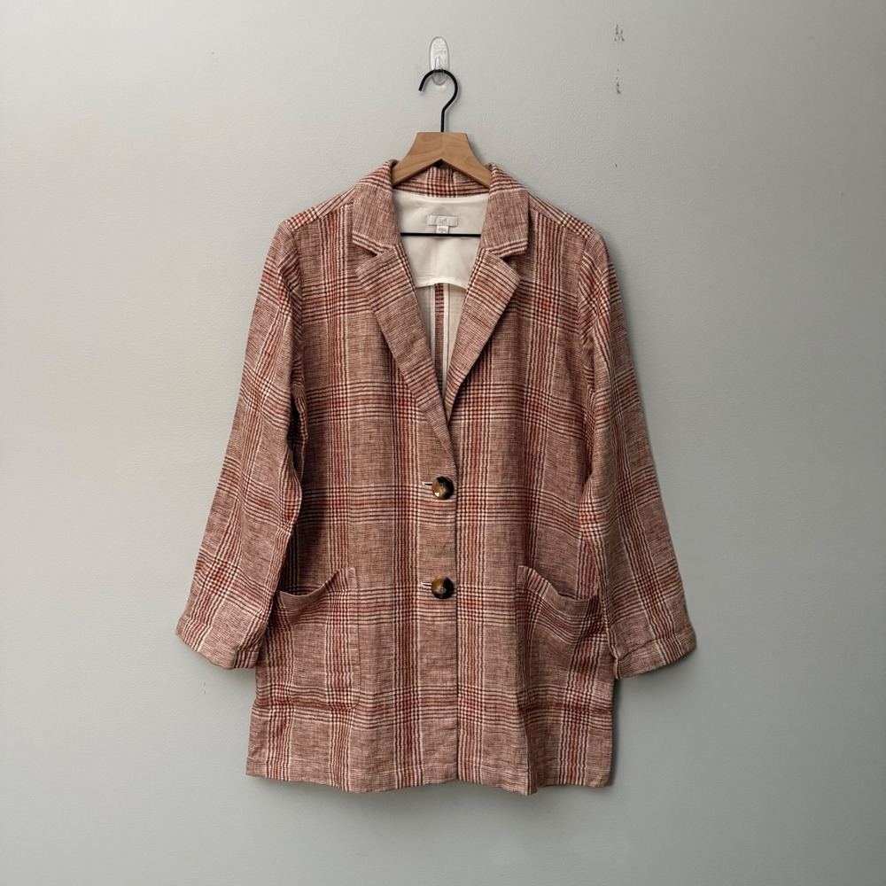 Women's J. Jill Harper Henna Plaid Linen Blend Relaxed Boyfriend Blazer Sz M
